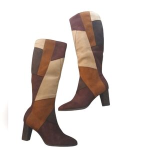 Amelia Grace Patchwork Knee-High Boots Retro Tall Heeled Boots Size 8